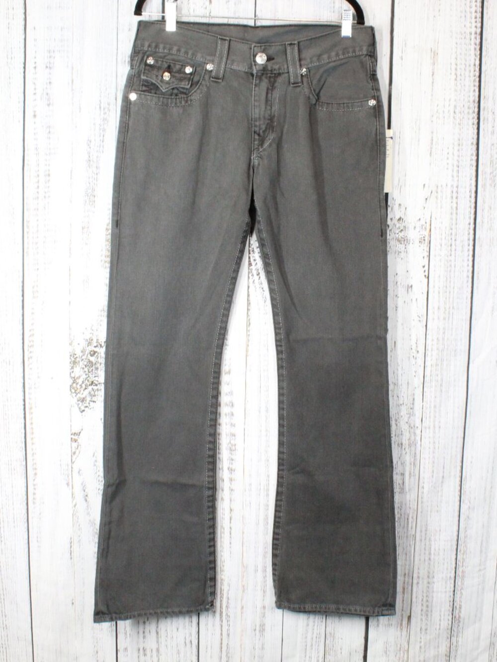 NWT True Religion Mens Bootcut Jeans PX Black Grey Flap Pocket Size 31